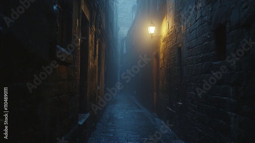 Alley with single streetlamp fog adding depth cinematic shot