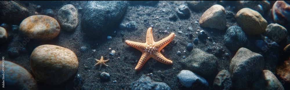 Colorful Starfish on Rocky Seabed Surrounded by Smooth Pebbles and Textured Sand, Captured Under Natural Light, Perfect for Oceanic and Coastal Themes Colorful Starfish on Rocky Seabed Surrounded by Smooth Pebbles and Textured Sand, Captured Under Natural Light, Perfect for Oceanic and Coastal Themes