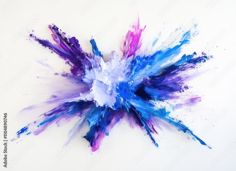 Dynamic Abstract Art Explosion in Vibrant Blue, Purple and White Hues on a Light Background, Capturing a Sense of Energy, Movement, and Creativity