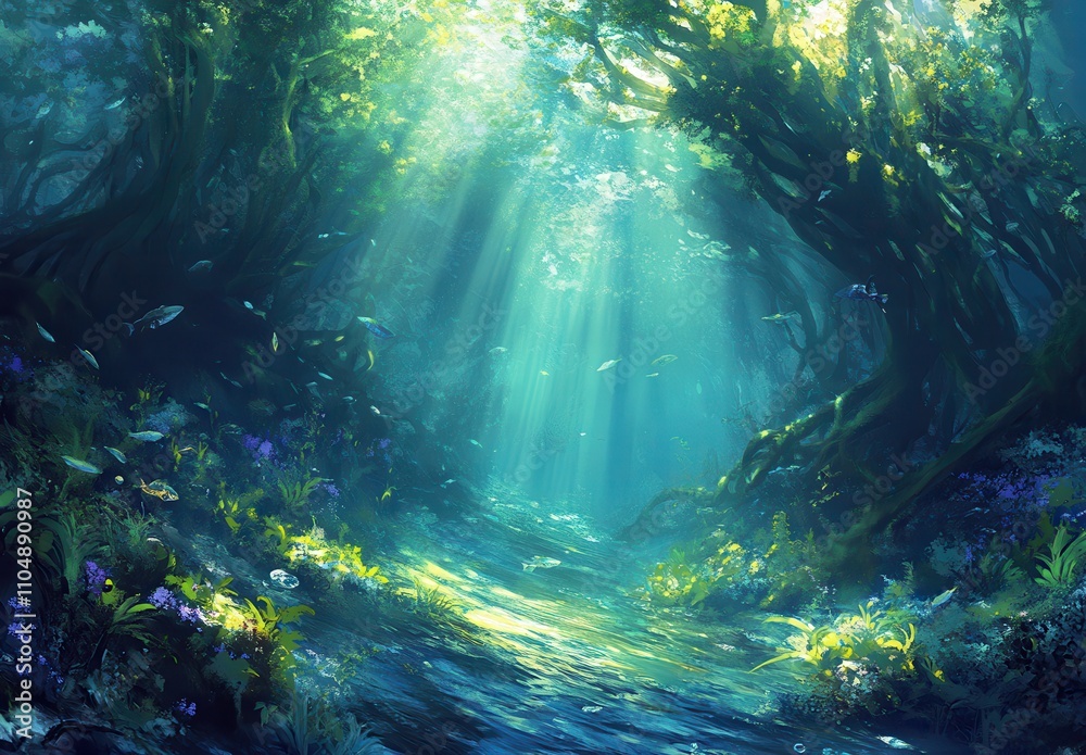 Enchanted Forest with Ethereal Light Beams Shining Through Lush Canopy and Reflecting on Serene Water in a Magical, Tranquil Setting Enchanted Forest with Ethereal Light Beams Shining Through Lush Canopy and Reflecting on Serene Water in a Magical, Tranquil Setting