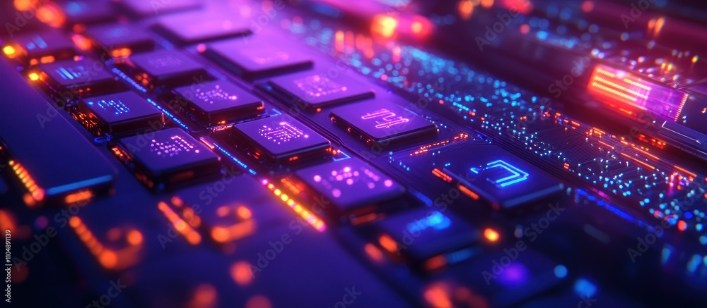 Close-up of a glowing keyboard with blue and orange lights. Close-up of a glowing keyboard with blue and orange lights.