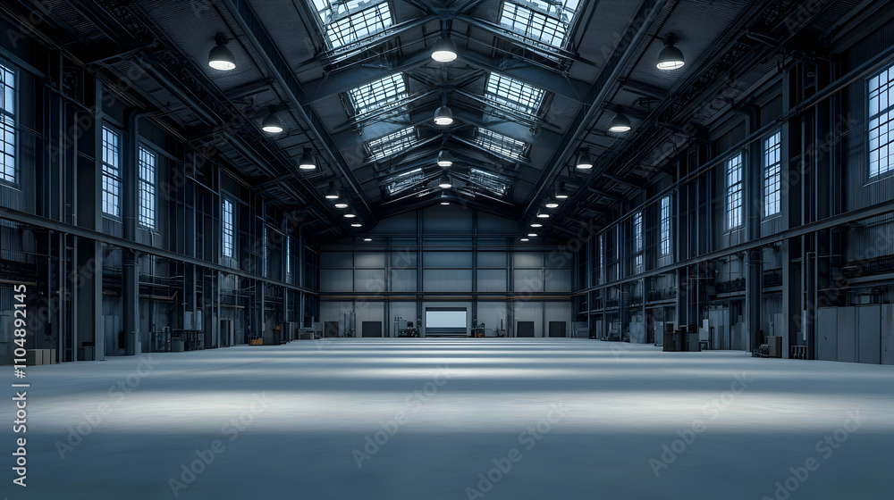 Obraz premium Vast Industrial Warehouse Interior. A Spacious, Dark Setting
