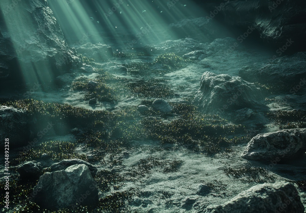 Obraz premium Ethereal Underwater Scene with Sunlight Rays and Marine Elements, Showcasing a Mystical Depth and Tranquil Atmosphere Surrounded by Rocks and Marine Life