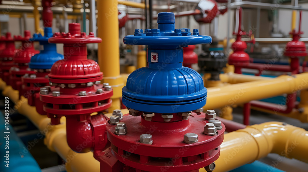 Industrial Piping System. Colorful Valves and Pipes Industrial Piping System. Colorful Valves and Pipes
