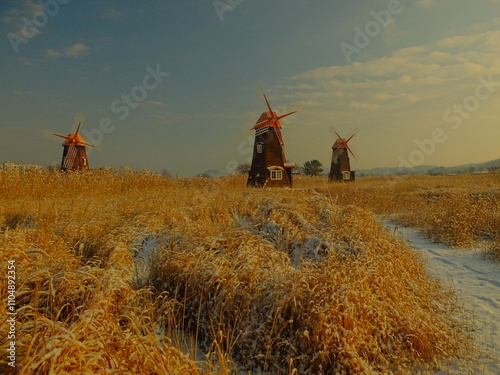 Incheon, South Korea. 24 December 2023. Sorae Pogu Marsh Ecological Park, Its picturesque walking paths by the salt storage and windmill are popular. Traditional dutch old wooden windmill. photo