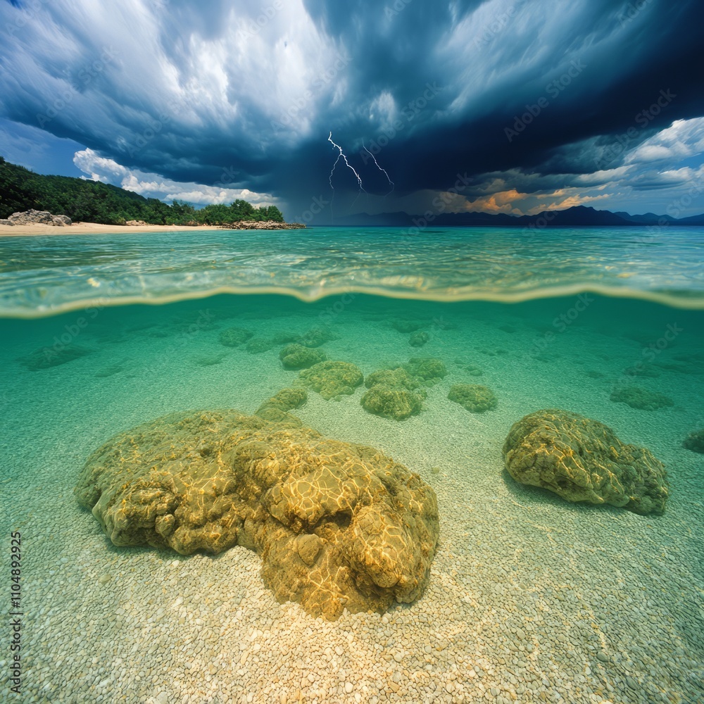 Fototapeta premium Dramatic storm clouds over a tranquil beach scene with underwater rocks visible.