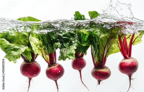 Freshly Harvested Radishes with Lush Green Leaves Splashed in Water, Showcasing Nature's Bounty and Nutritional Richness in a Vibrant Display photo