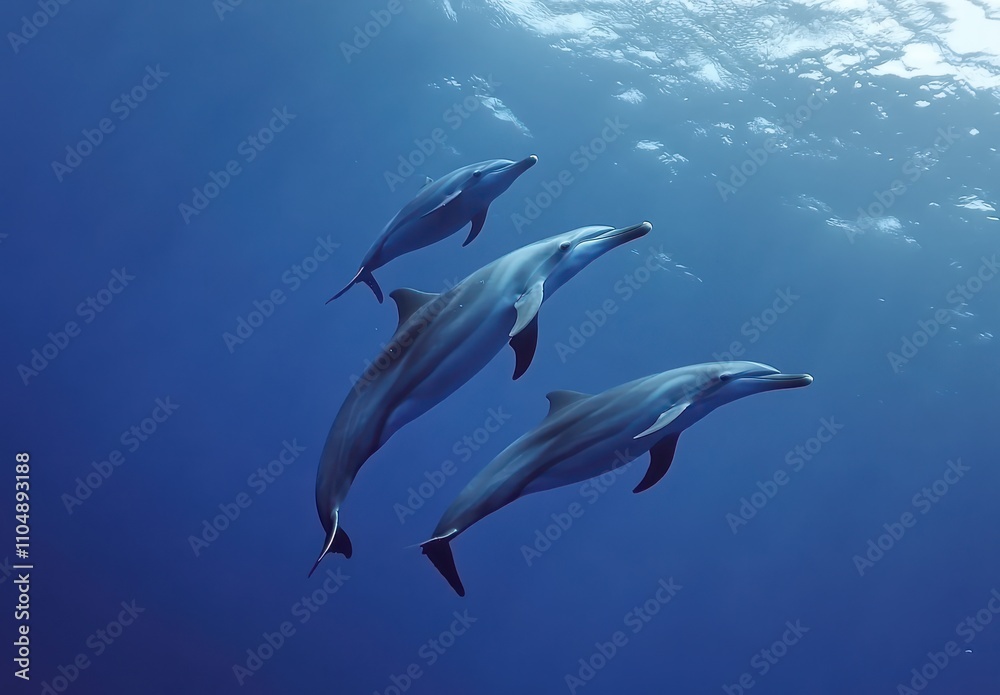 Graceful Dolphins Swimming in Deep Blue Ocean Waters, Showcasing Natural Aquatic Movement and Serenity in a Marine Environment Graceful Dolphins Swimming in Deep Blue Ocean Waters, Showcasing Natural Aquatic Movement and Serenity in a Marine Environment