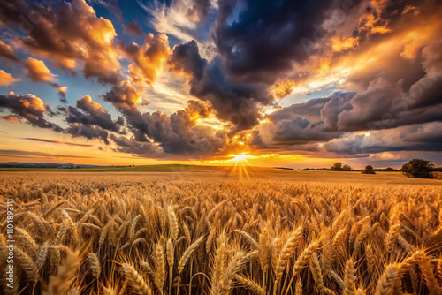 Dramatic sunset over golden wheat field with vibrant clouds. photo