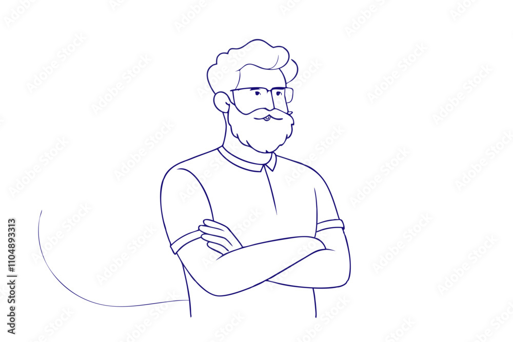 Line Drawing of Older Bearded Hipster Man with Arms Crossed - Vector Art Illustration Line Drawing of Older Bearded Hipster Man with Arms Crossed - Vector Art Illustration