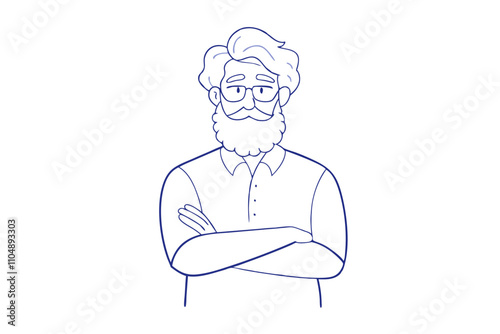 Line Drawing of Older Bearded Hipster Man with Arms Crossed - Vector Art Illustration