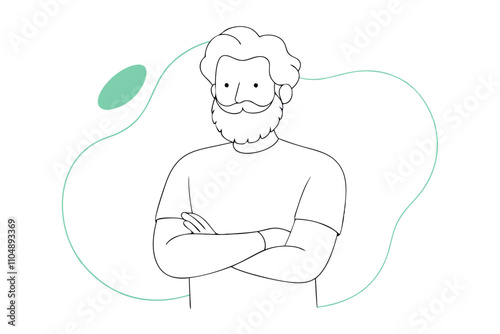 Line Drawing of Older Bearded Hipster Man with Arms Crossed - Vector Art Illustration