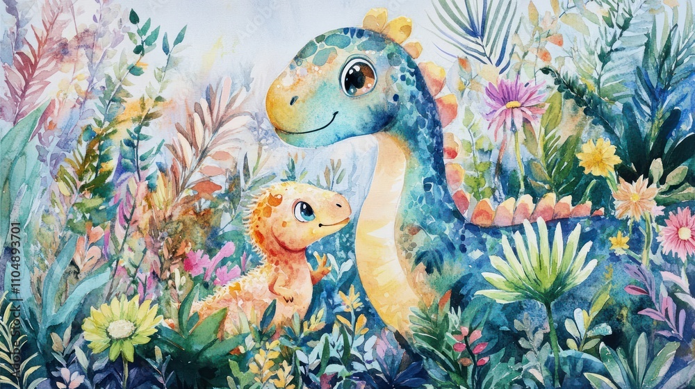 Enchanted Dinosaur Duo in a Watercolor Garden Enchanted Dinosaur Duo in a Watercolor Garden