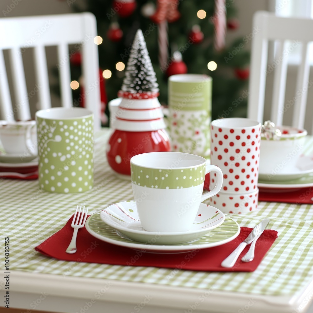Festive Christmas table setting with green and red patterned tableware, a decorated Christmas tree, and a cozy atmosphere. Festive Christmas table setting with green and red patterned tableware, a decorated Christmas tree, and a cozy atmosphere.