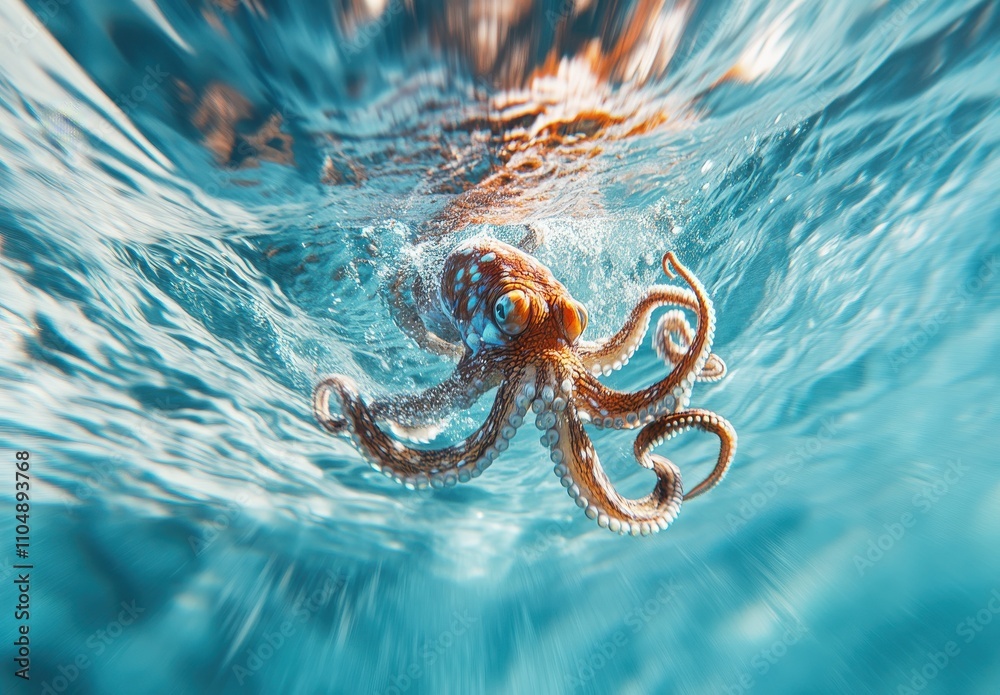 Fototapeta premium Magical Underwater Scene Featuring a Colorful Octopus Swimming Gracefully Through Crystal Clear Ocean Water, Showcasing its Unique Tentacles and Vibrant Colors