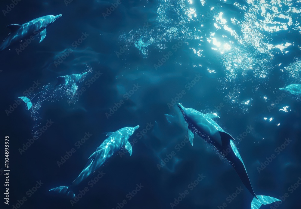Fototapeta premium Majestic Dolphins Swimming Gracefully in Deep Blue Ocean Waters, Capturing the Serenity and Beauty of Marine Life Beneath the Sunlit Surface