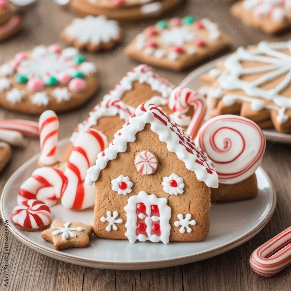 Festive gingerbread houses and cookies on a plate with candy canes. Festive gingerbread houses and cookies on a plate with candy canes.
