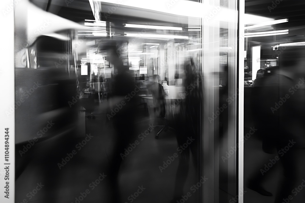 Blurred Figures Moving Through Modern Office Space