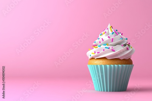 A flat 2D illustration of a cupcake with frosting and sprinkles, styled in vibrant pastel colors