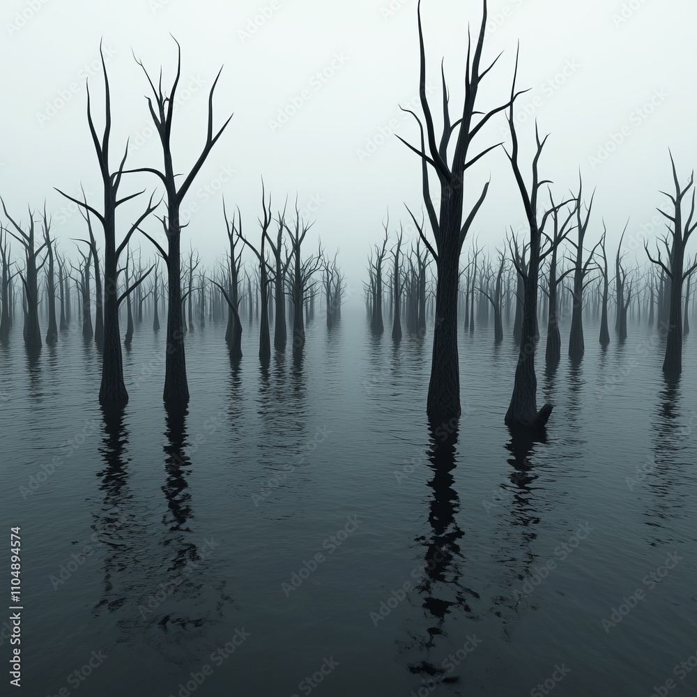 Foggy swamp with dead trees, eerie atmosphere. Foggy swamp with dead trees, eerie atmosphere.