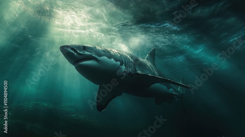 Majestic Great White Shark Swimming Gracefully Through the Deep Ocean Waters Illuminated by Sunlight Rays Filtering Beneath the Surface