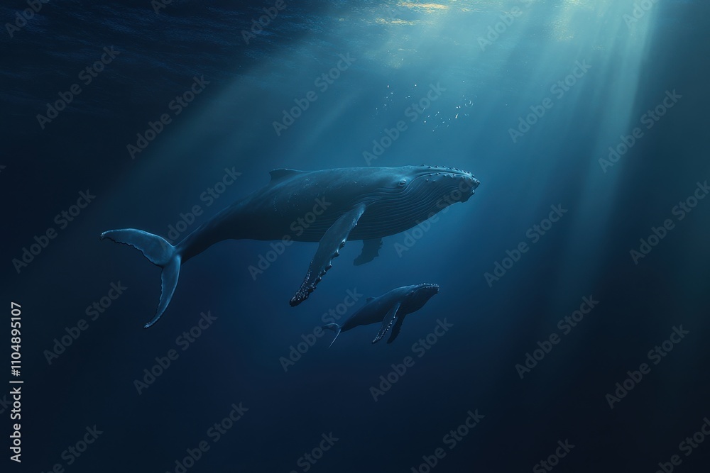 Fototapeta premium Majestic Humpback Whales Swimming Beneath Soft Sunlight in a Tranquil Ocean Environment Captured in Stunning Underwater Photography