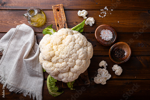 Raw whole cauliflower with seasonings on wooden background top view