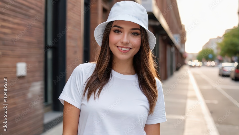 Young woman wearing white t-shirt and white bucket hat standing on the street Young woman wearing white t-shirt and white bucket hat standing on the street
