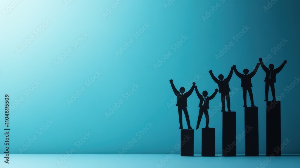 Business Growth and Success Concept with Silhouettes of Group of People Celebrating on Bar Graphs Against a Soft Blue Background Business Growth and Success Concept with Silhouettes of Group of People Celebrating on Bar Graphs Against a Soft Blue Background