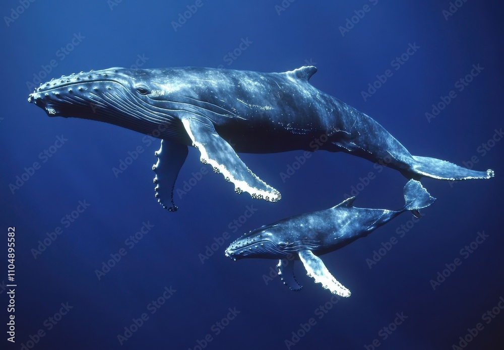 Majestic Humpback Whales Swimming Gracefully in Deep Ocean Waters, Capturing the Beauty of Marine Life and the Bond Between Mother and Calf Majestic Humpback Whales Swimming Gracefully in Deep Ocean Waters, Capturing the Beauty of Marine Life and the Bond Between Mother and Calf