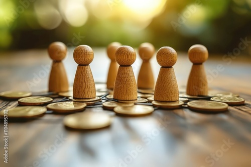 Wooden Figurines Surrounded by Coins Representing Investment, Finance, Business Growth and Economic Success Concepts