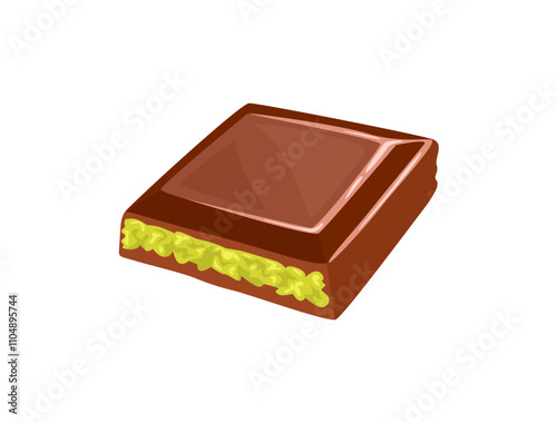 Dubai chocolate bar with green kadayif isolated on white background. Vector icon. Piece of sweet chocolate bar. Simple flat illustration.