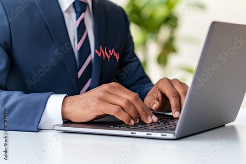 A hyper-realistic close-up of a businessman hands typing on a laptop, with reflections of stock market data on the screen