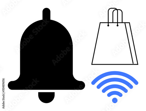 Black notification bell, shopping bag and blue wireless signal. Ideal for e-commerce, sales alerts, digital marketing, online payments, customer notifications, internet connectivity, retail photo