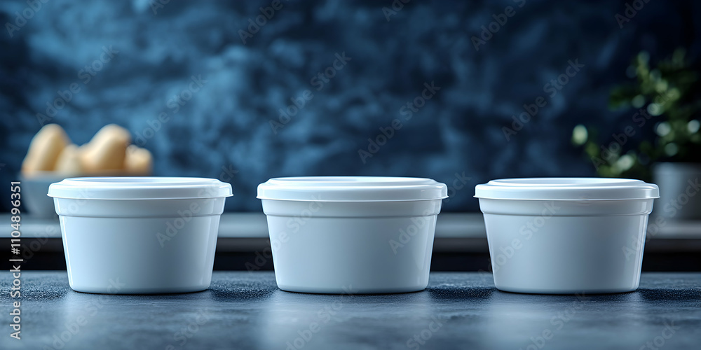 Three White Plastic Containers on Dark Background Three White Plastic Containers on Dark Background