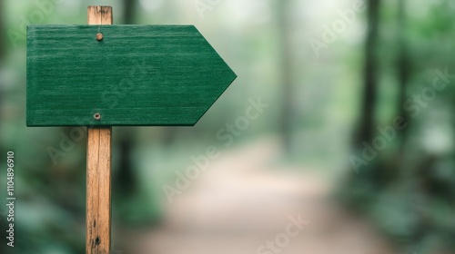Fototapeta Naklejka Na Ścianę i Meble -  Blank Green Wooden Arrow Signpost in Park Nature Trail Pathway