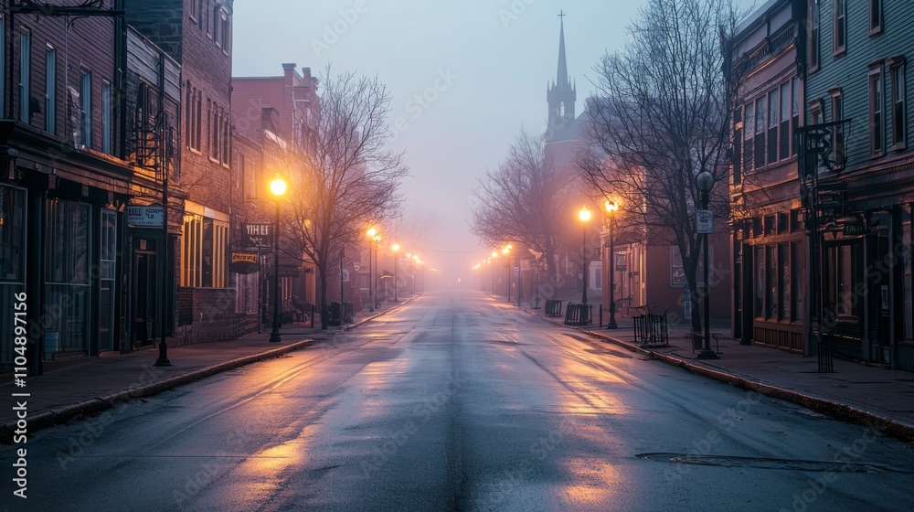 Empty smalltown street at dawn soft tones and streetlights Empty smalltown street at dawn soft tones and streetlights