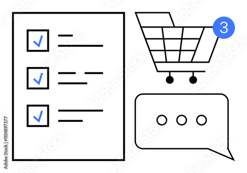 Checklist with three checked items, shopping cart with notification bubble, and chat message. Ideal for e-commerce, productivity, task management, shopping, communication, notifications online