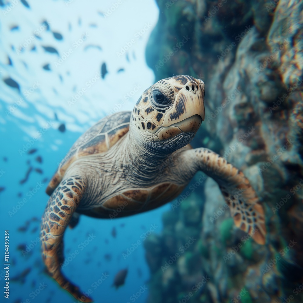 Fototapeta premium Hawksbill sea turtle swimming near coral reef.