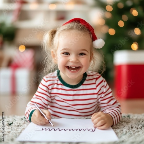 Happy toddler girl writing Christmas list on floor.