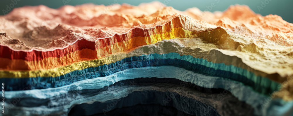 Layers of earth in cutaway model showing seismic activity and geological formations. vibrant colors represent different strata, creating visually striking representation of earth structure Layers of earth in cutaway model showing seismic activity and geological formations. vibrant colors represent different strata, creating visually striking representation of earth structure
