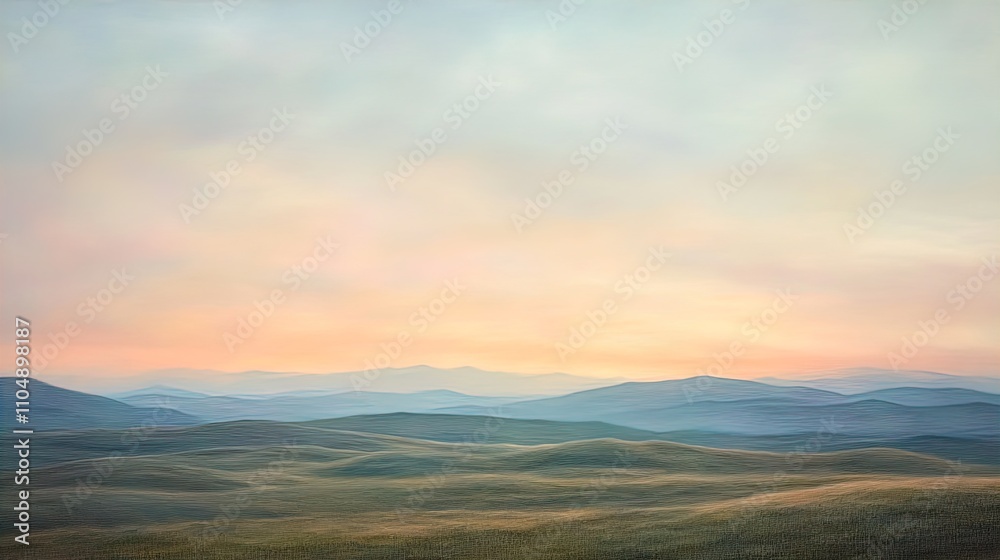The image features a serene and expansive landscape, characterized by soft rolling hills silhouetted against a pastel-hued sky. The foreground displays gentle undulations of grassy terrain, gradually The image features a serene and expansive landscape, characterized by soft rolling hills silhouetted against a pastel-hued sky. The foreground displays gentle undulations of grassy terrain, gradually