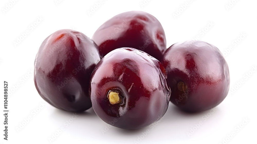 Four glossy, dark red jujube fruits arranged on a white background. Four glossy, dark red jujube fruits arranged on a white background.