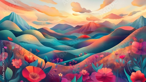 A vibrant and fantastical landscape features rolling hills adorned with a variety of stylized flowers in shades of pink, red, and purple. The hills are layered in a gradient of colors, moving from dee