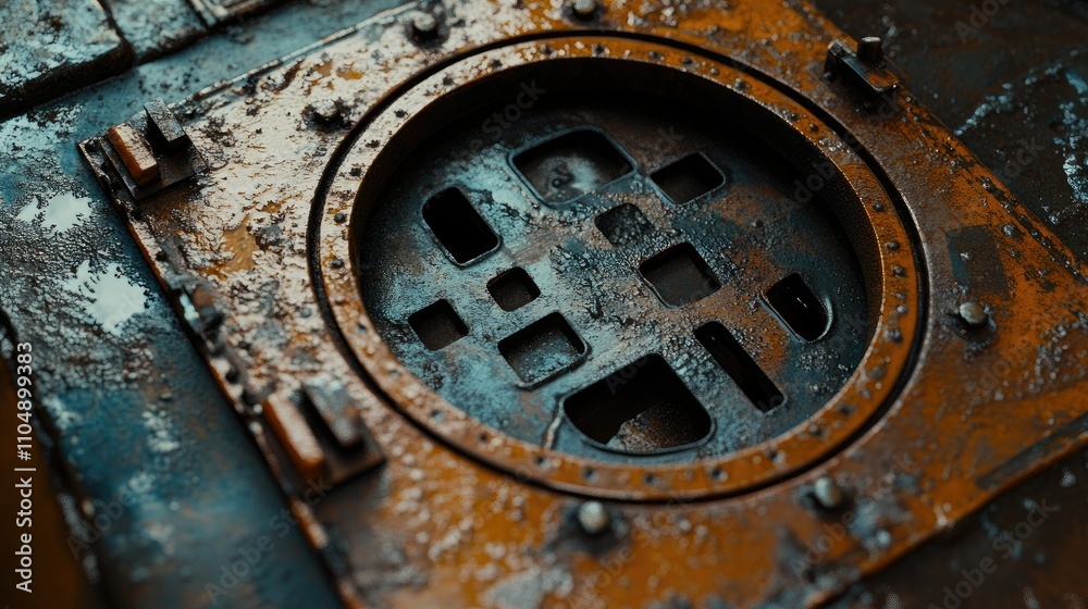 A close-up of a city sewerage hatch on a busy street, capturing the metallic surface and industrial texture. A close-up of a city sewerage hatch on a busy street, capturing the metallic surface and industrial texture.