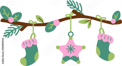 Christmas Branch Garland Decoration with Bauble and Stars Pink Green Vector Element Illustration