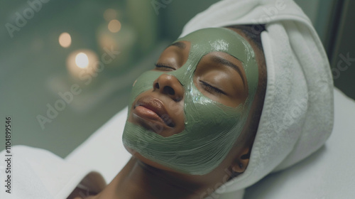 Young dark-skinned woman with cosmetological green mask on her face and closed eyes lays in the spa in white robe for beauty procedures