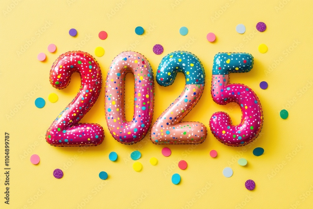 Vibrant 2025 New Year Balloons Celebration on Yellow Background Festive Decor Vibrant 2025 New Year Balloons Celebration on Yellow Background Festive Decor