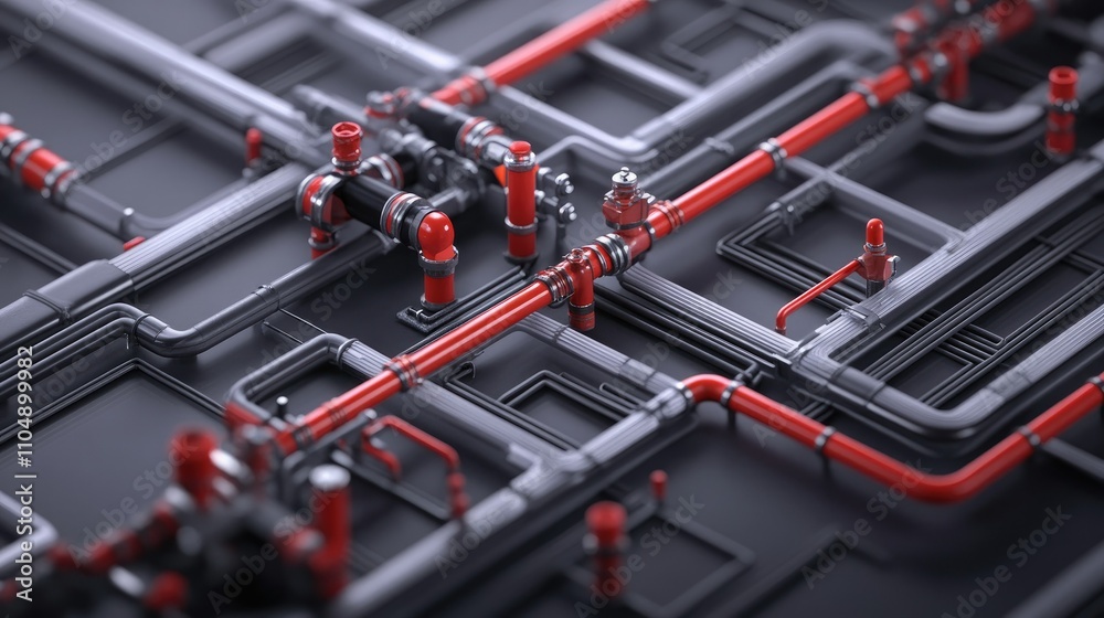 A detailed layout of pipes for hydronic underfloor heating, showcasing modern piping systems installed in a construction site. A detailed layout of pipes for hydronic underfloor heating, showcasing modern piping systems installed in a construction site.