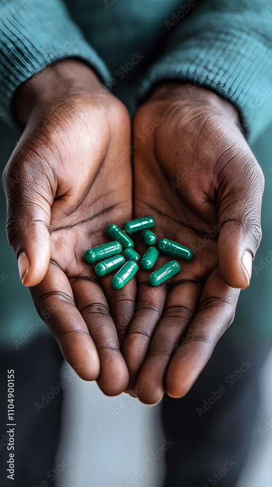 Hands holding green capsules, suggesting health or medication. Hands holding green capsules, suggesting health or medication.